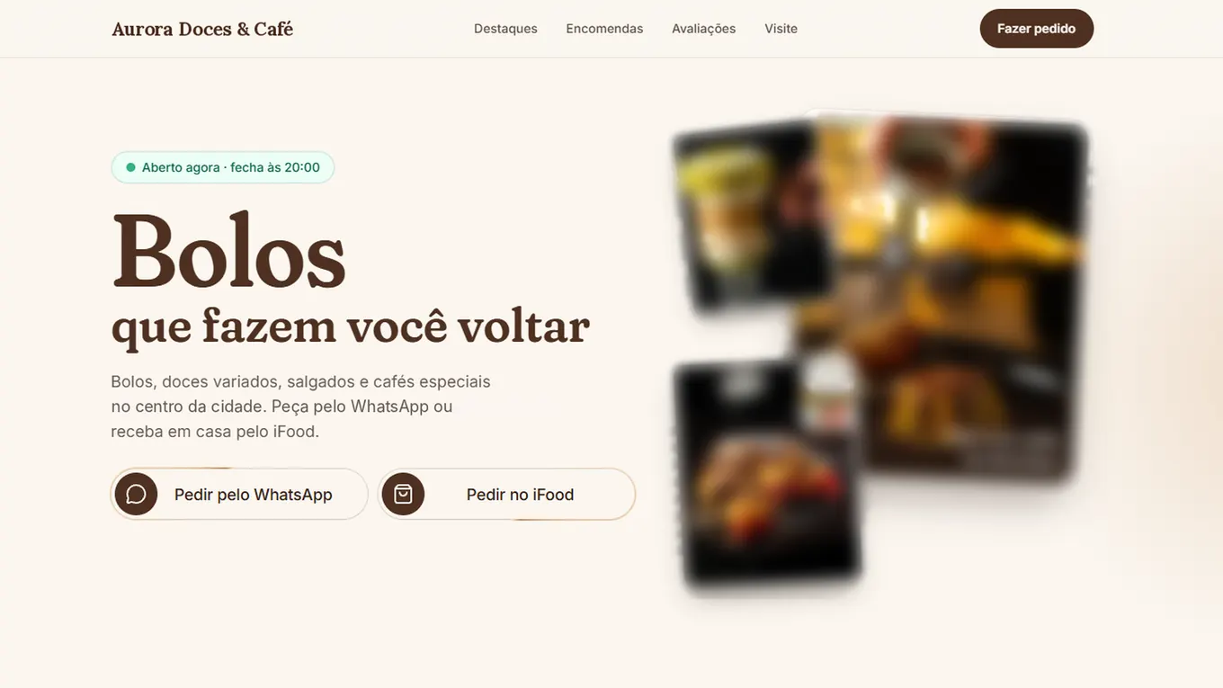 Primeira tela de um site conceito de confeitaria